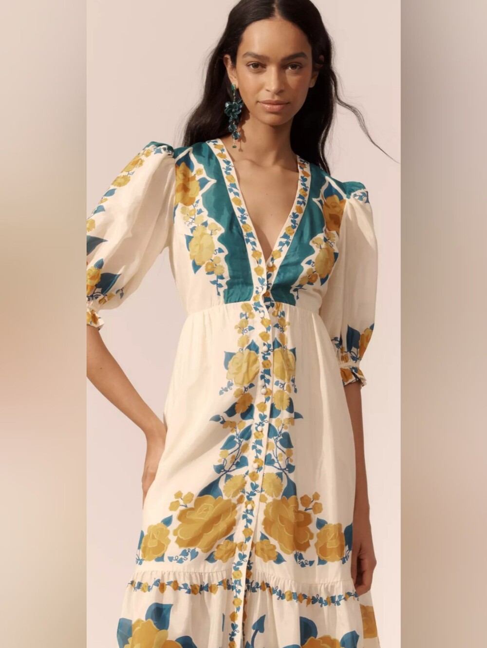 🌼B2G1🌼 FARM Rio Cream Midi Dress with Teal Panels Yellow Floral Print NWOT